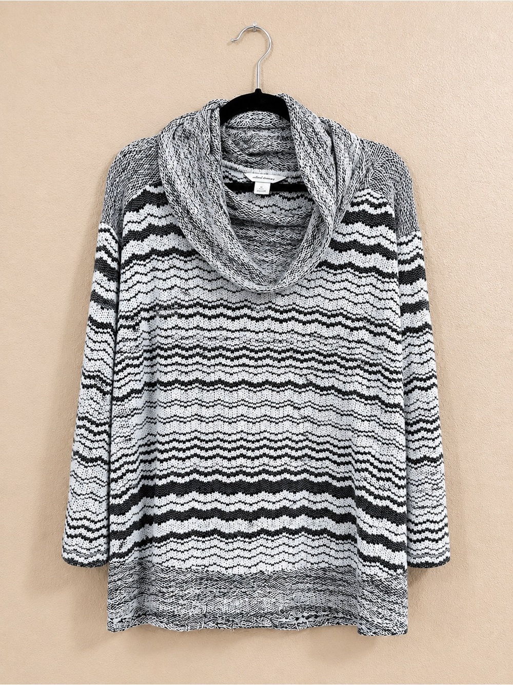 CJ Banks Black & White Cowl-Neck Wave-Stripe Sweater